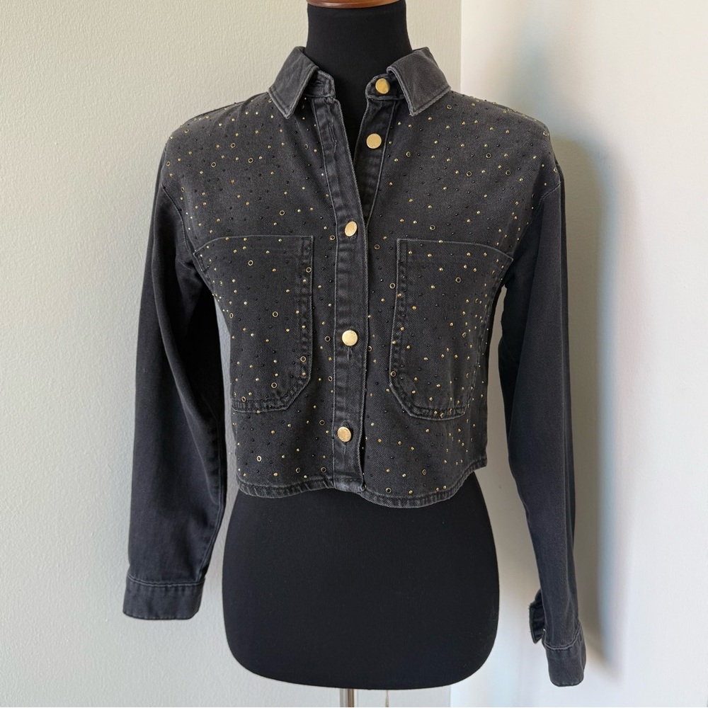 ZARA NEW Gold Studded Grey Denim Jacket XS - NWOT